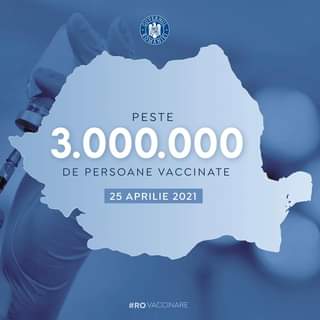 Kan een afbeelding zijn van de tekst 'CUVERNUT ROMAINIE PESTE 3.000.000 DE PERSOANE VACCINATE 25 APRILIE 2021 #ROVACCINARE #RO VACCINARE'