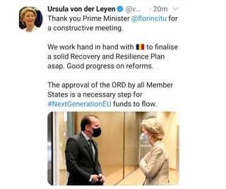 Kan een afbeelding zijn van 1 persoon, staan en de tekst 'Ursula von der Leyen @v... 20m Thank you Prime Minister @florincitu for a constructive meeting. We work hand in hand with to finalise a solid Recovery and Resilience Plan asap. Good progress on reforms. The approval of the ORD by all Member States is a necessary step for #NextGenerationEU funds to flow.'