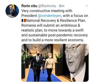 Kan een afbeelding zijn van 1 persoon, staan, pak en de tekst 'florin citu @florincitu 8m Very constructive meeting with President @vonderleyen, with a focus on National Recovery & Resilience Plan. Romania will submit an ambitious & realistic plan, to move towards a swift and sustainable post-pandemic recovery and to build a more resilient economy.'