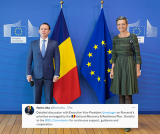 Kan een afbeelding zijn van 2 mensen, staande mensen en de tekst 'European Commission sion ne florin citu @florincitu. 17m Detailed discussion with Executive Vice-President @vestager on Romania priorities envisaged by the "National Recovery Resilience Plan. Grateful to the @EU _Commssion for continuous support, guidance and cooperation.'
