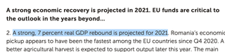 Kan een afbeelding zijn van de tekst 'A strong economic recovery is projected in 2021. EU funds are critical to the outlook in the years beyond... 2. strong, 7 percent real GDP rebound is projected for 2021. Romania's economi pickup appears to have been the fastest among the EU countries since Q4 2020.A better agricultural harvest is exnected to support output later this vear. The main'