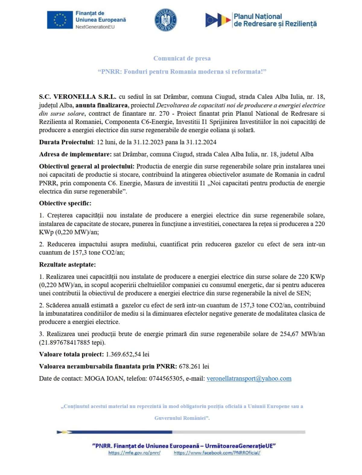 SC VERONELLA SRL - anunt finalizare proiect